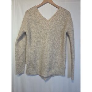 RD Style Fuzzy Knit V-Neck Sweater Woven Back Small Petite Beige